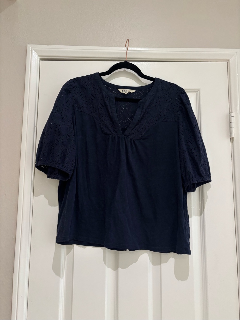 Boden Women's Navy Eyelet Sleeve V-Neck Top